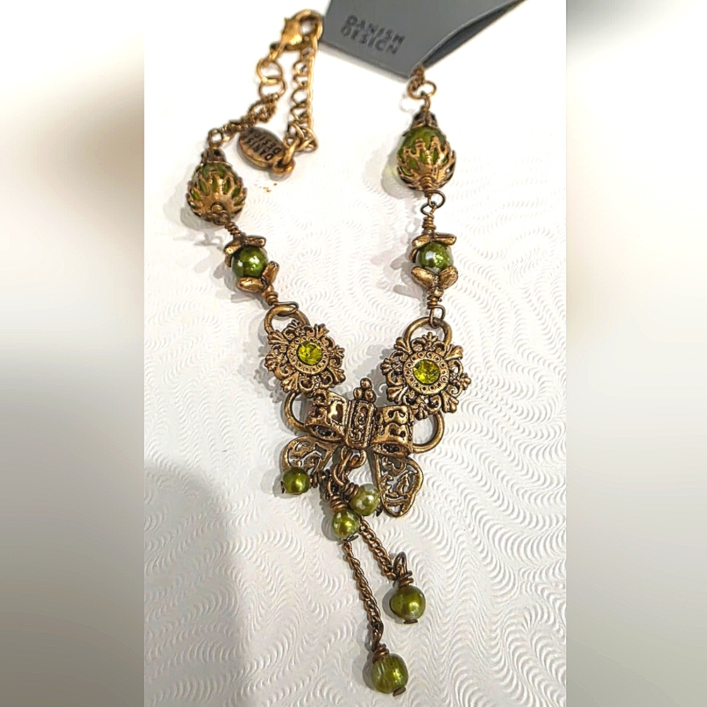 NWT Pilgrim Danish Design Green Gemstones Bronze Bracelet With Bow Charm